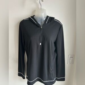 Alo brand Cool Fit 1/4 Zip Hoodie in black color with white trim. Size Large.